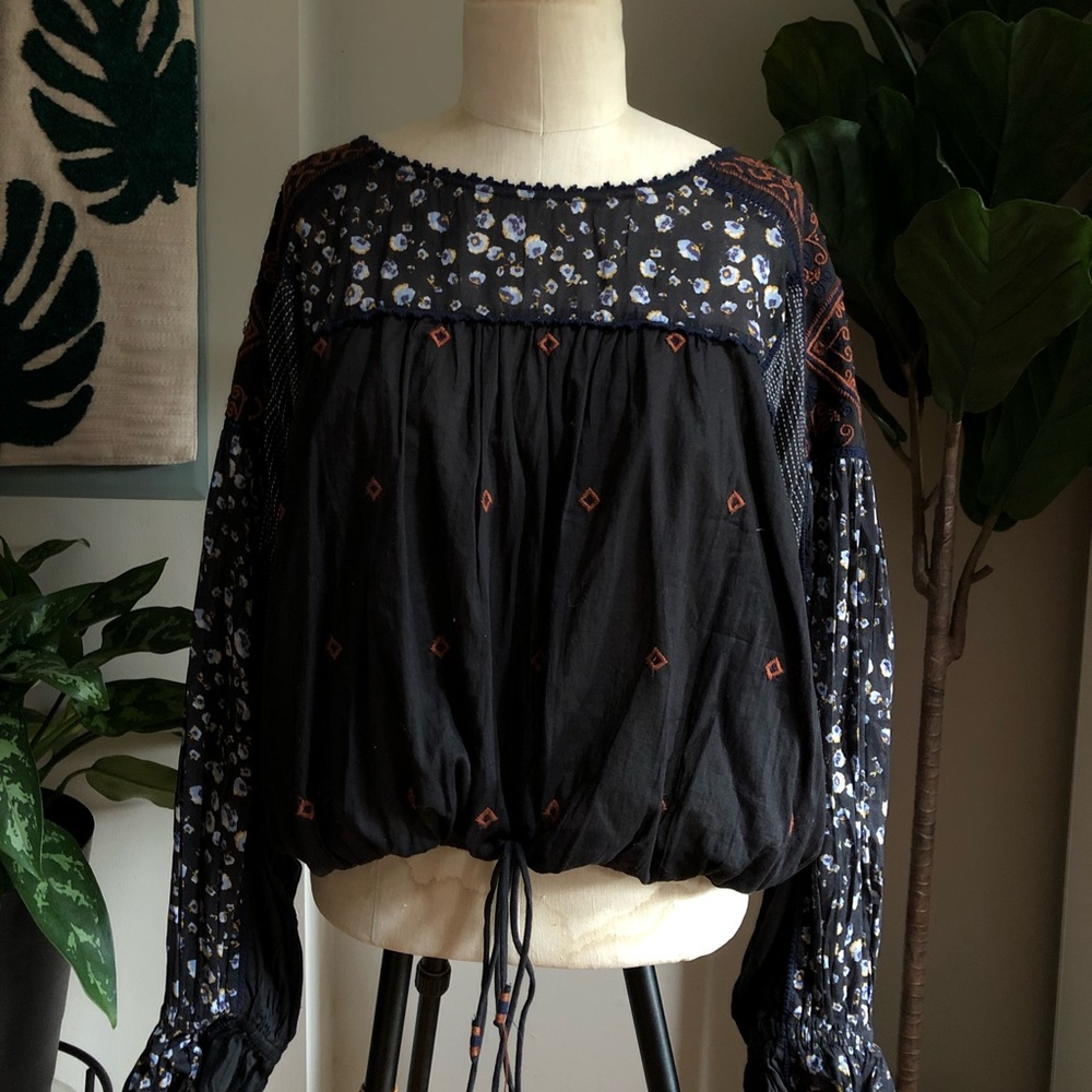 Free People Printed Top with Drawstring Waist